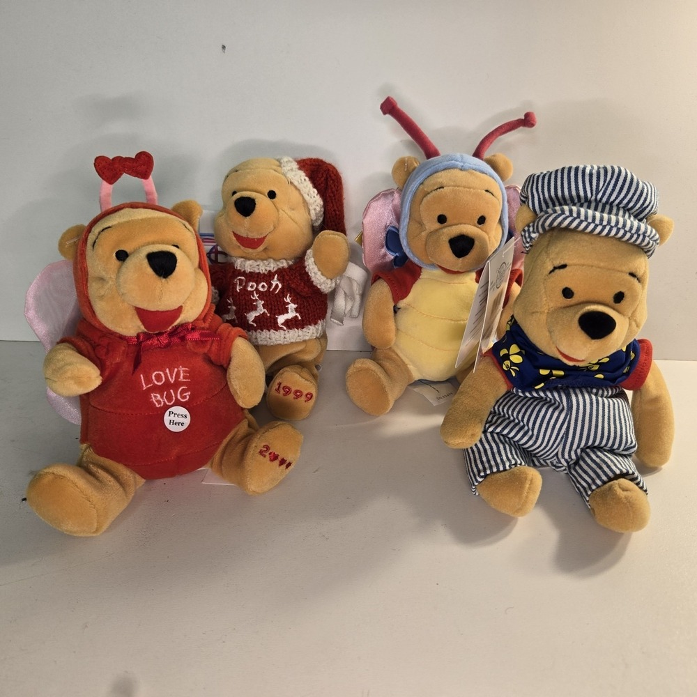 Disney Store Winnie Pooh Love Bug Sweater Butterfly Conductor Beanie Plush Tags
